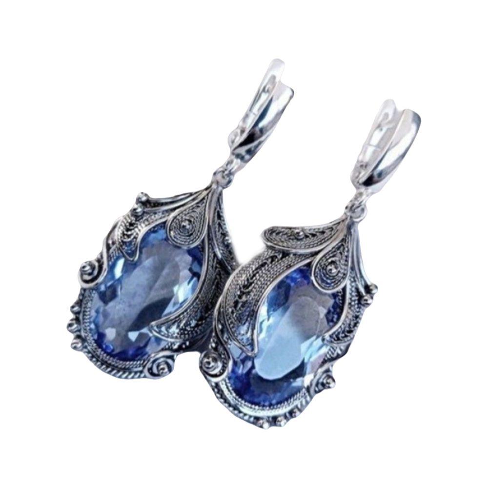 Silver-Plated Metal Zircon Drop Earrings Oval Zircon Stone Ornate Inlaid Long Drop Earrings Long Dangle Crystal Dangle Earrings синий
