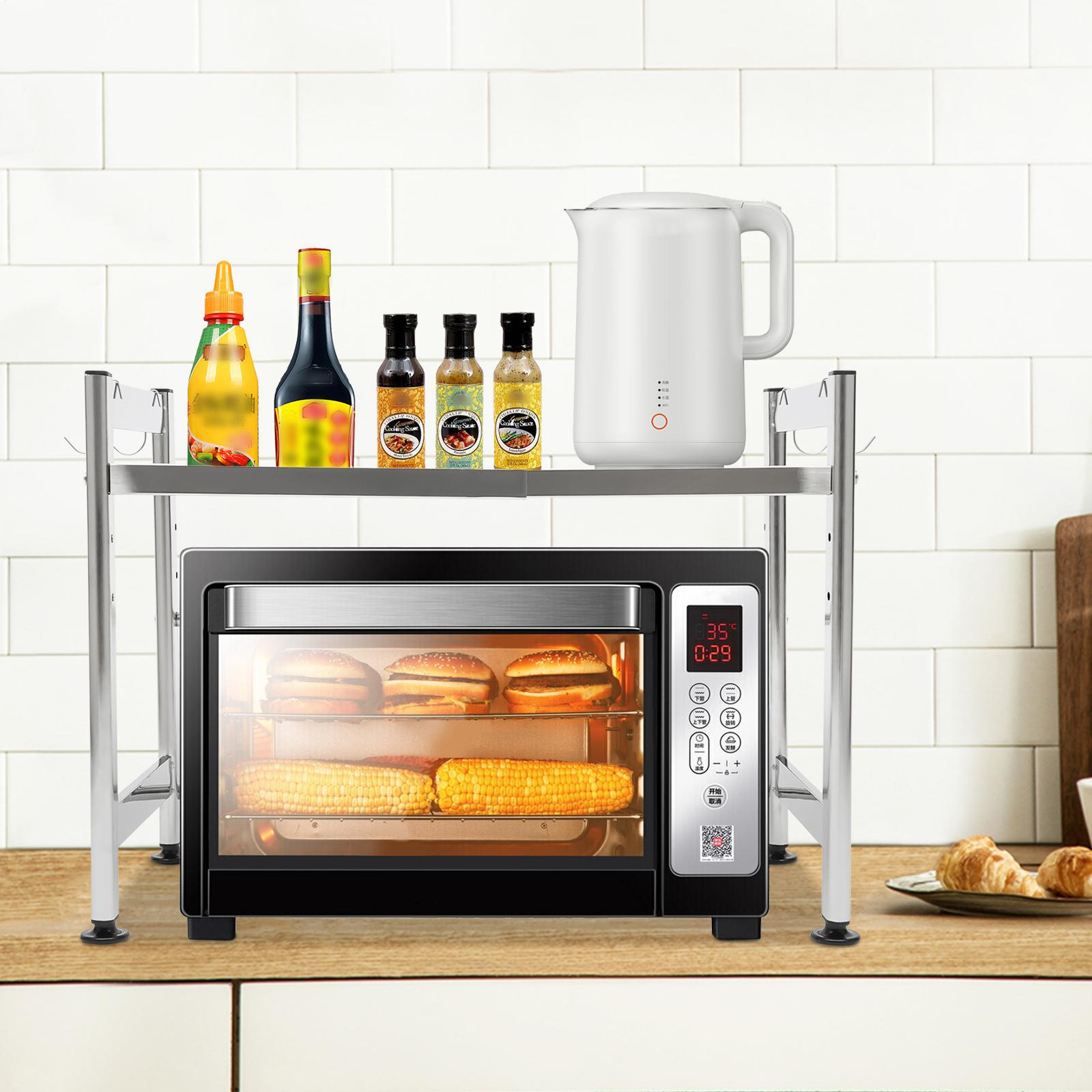 

Adjustable Expandable Microwave Oven Rack, Single Layer 4-Hook Kitchen Storage Shelf Organizer, Stainless Steel Organizer Stand срібний