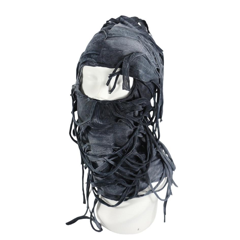 2025 Ripped Hole Tassel Hip Hop Punk Balaclava Mask Men Women Goth Vintage Funny Hats Head Cover One Size черный серый