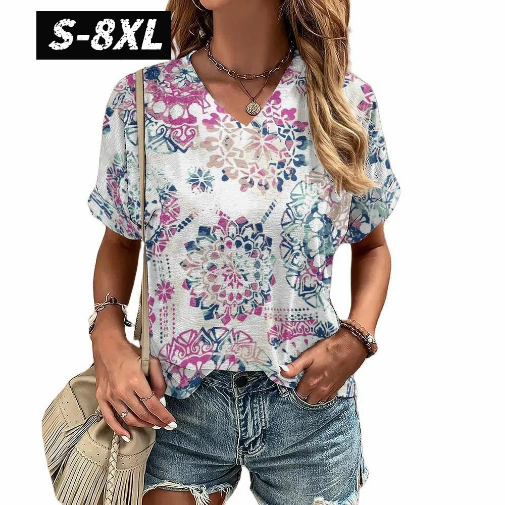 S-8XL Plus Size T-shirt for Women's Summer Short Sleeve Casual Tops Street Fashion V Neck T-Shirt Female Clothing Pullover