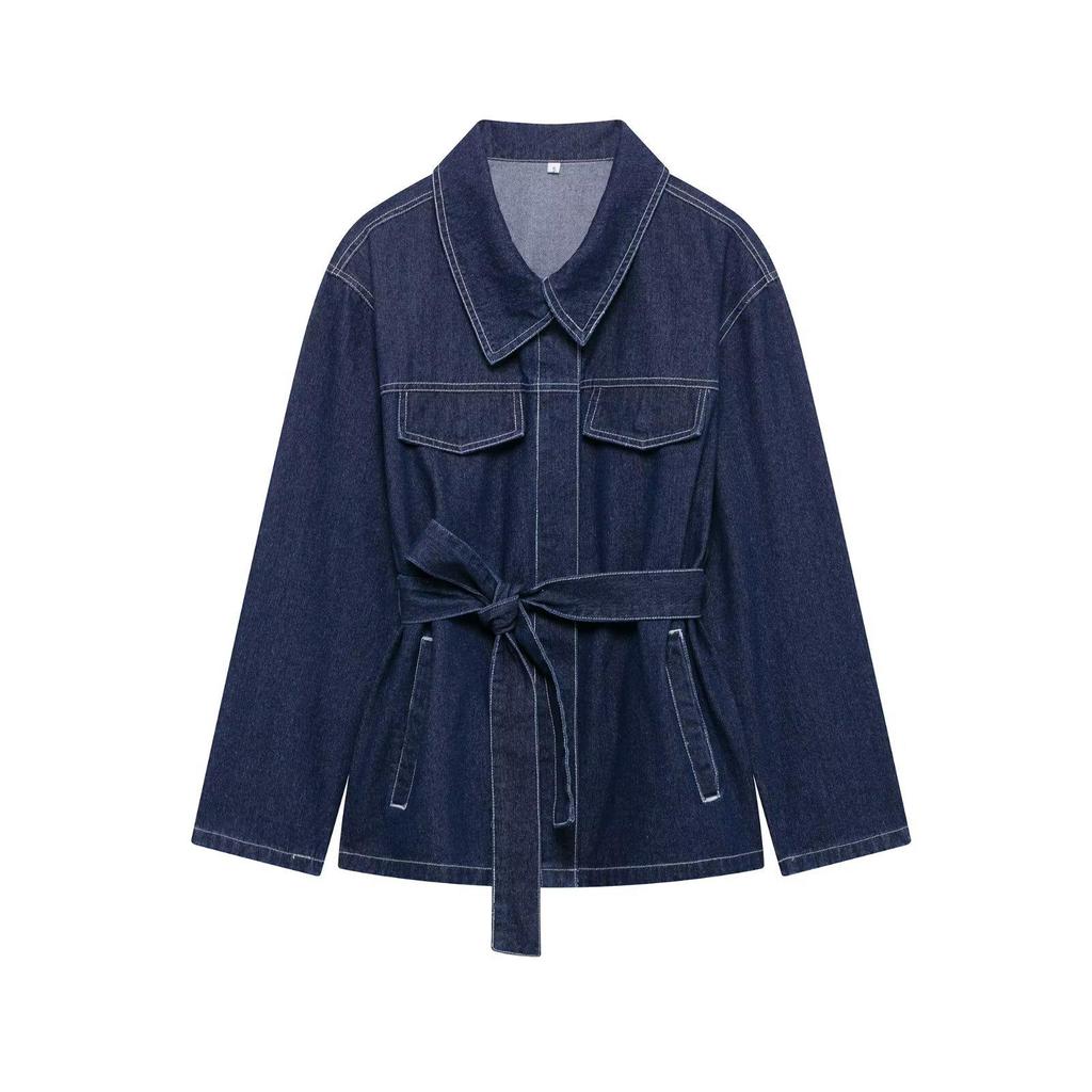 2025 Frühling Damen Jeansjacke mit Gürtel & Straight-Leg Hose Set