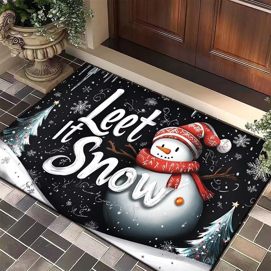 Christmas Themed Door Mat With Patterns Like Mittens Hats Snowflakes Holly Non Slip Welcome Entrance Rug For Families Decor