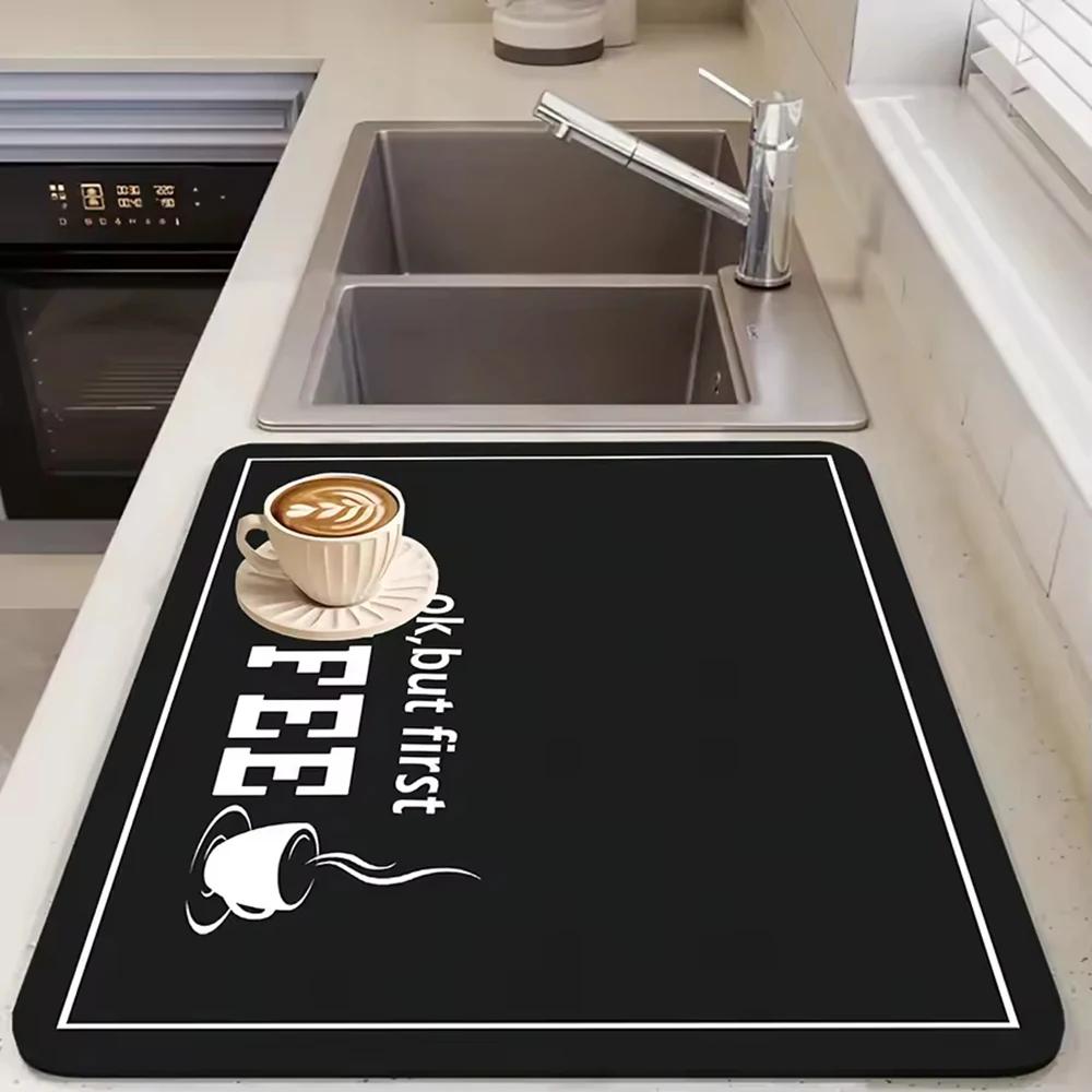 1pc Black Letter Coffee Printed Coffee Machine Mat Modern Minimalist Style Kitchen Counter Quick Water Absorption Drying Mat