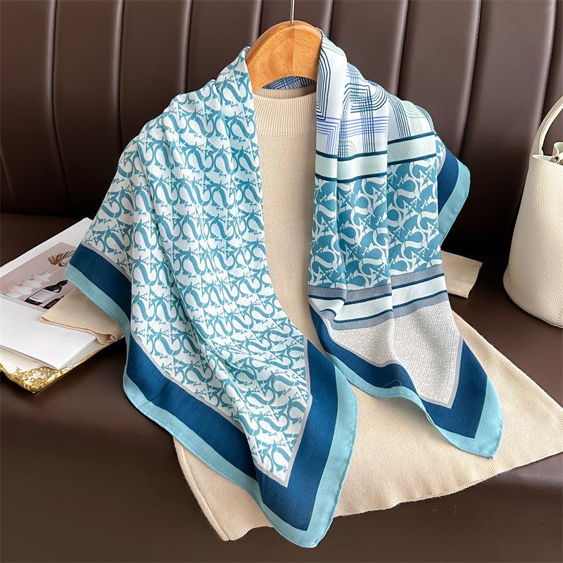 French letter printing chain 91cm large square scarf simulation silk versatile herringbone pattern shawl scarf headscarf female