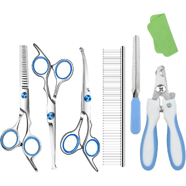 Dog Grooming Scissors with Safety Round Tip,Pet Grooming Scissors Kit,Dog Shears for Grooming,Incude Thinning,Curved Grooming Scissors and Comb for