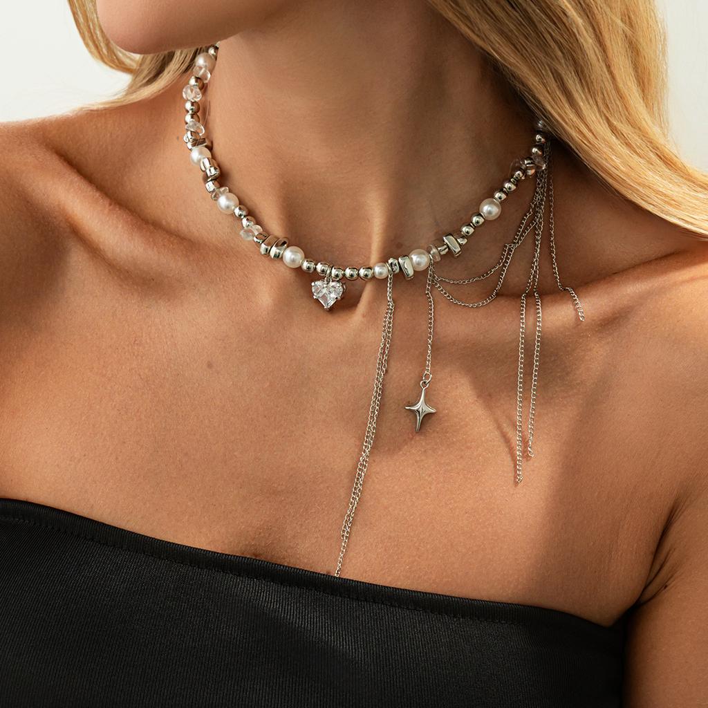 Shining Star Love Pendant Collarbone Chain Choker Light Luxury Imitation Pearl Chain Fringed Necklace