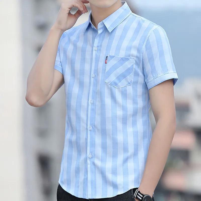 Men's Summer Short-sleeved Plaid Shirt Youth Handsome Slim Button Top
