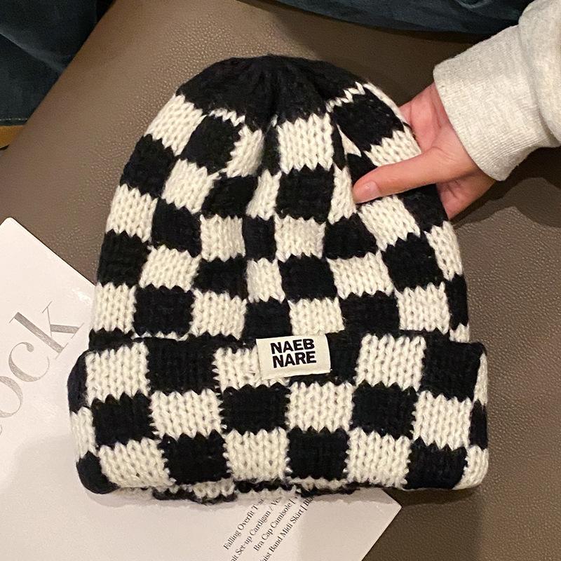 Herbst- und Wintermütze aus Wolle mit Schachbrettmuster für großen Kopfumfang, japanischer Retro-Stil, lässig, für Paare, warm, für Herbst und Winter
