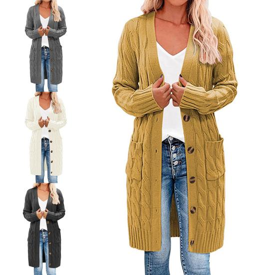 Solid Color Long Sleeve Women Cardigan Button Down Pockets Open Front Twist Sweater Coat Outerwear
