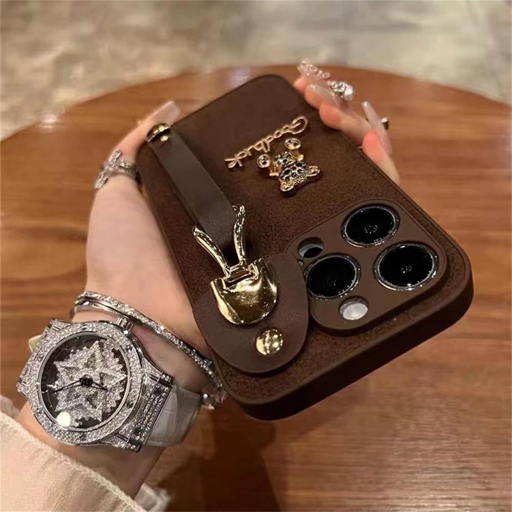 Luxury Leather 3D Bear Wristband Protective Phone Case For iPhone 15 14 13 Pro Max 11 12 Shockproof Cover