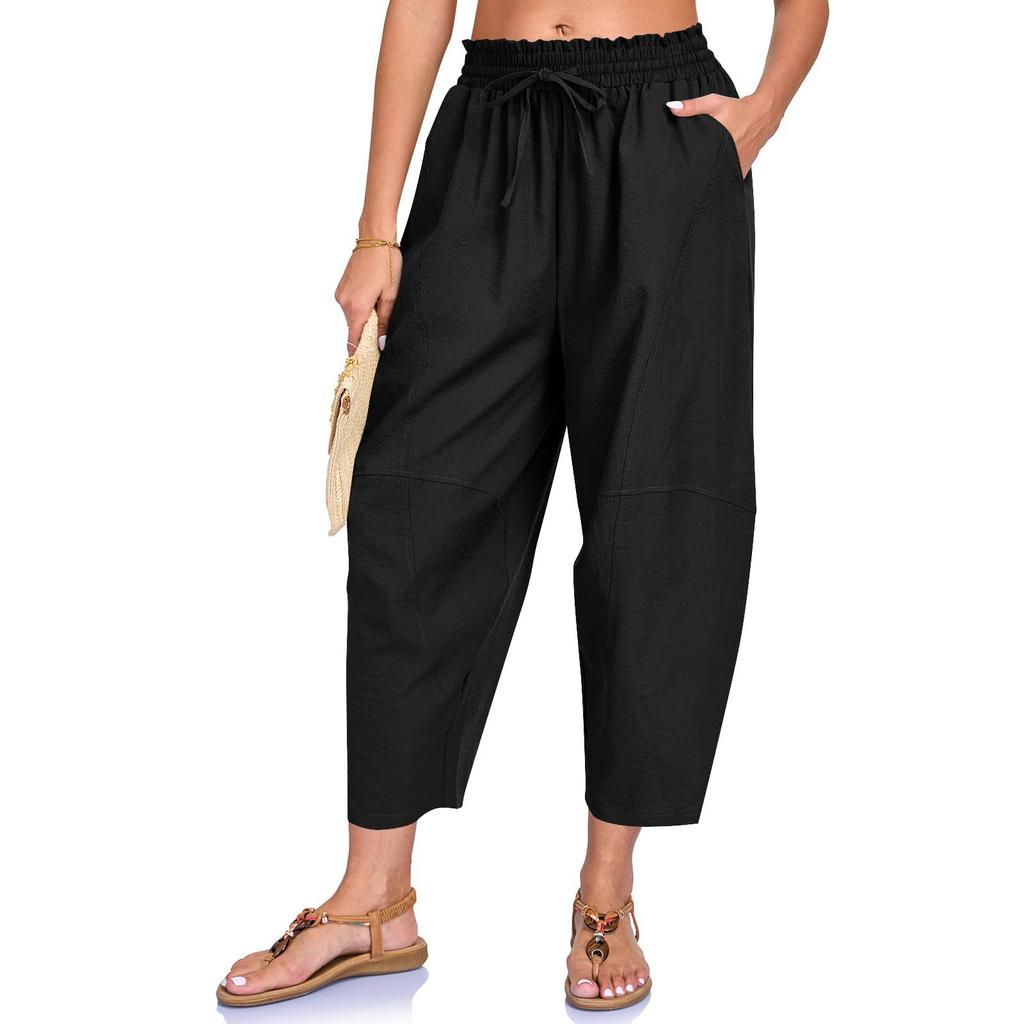 Women Loose Fit Casual Elastic Waist Drawstring Pants with Pockets Lightweight Relaxed Fit Trousers for Everyday Wear