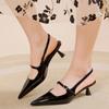 Patent Leather Pointed Toe Mid-heel Pin Buckle Back Hollow Women's Slip-on Sandals Solid Color   Shoes for Women