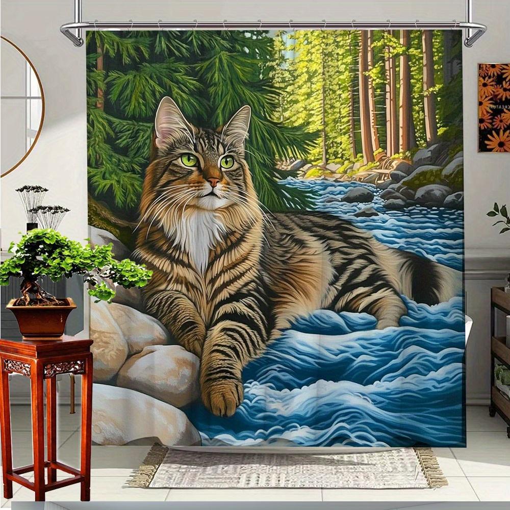 

1Pc Cat Themed Bathroom Curtain With Stunning Nature Scene Polyester Fabric For Stylish Bathroom, Includes 12 Hooks, W60H190(CM)-1 Pcs