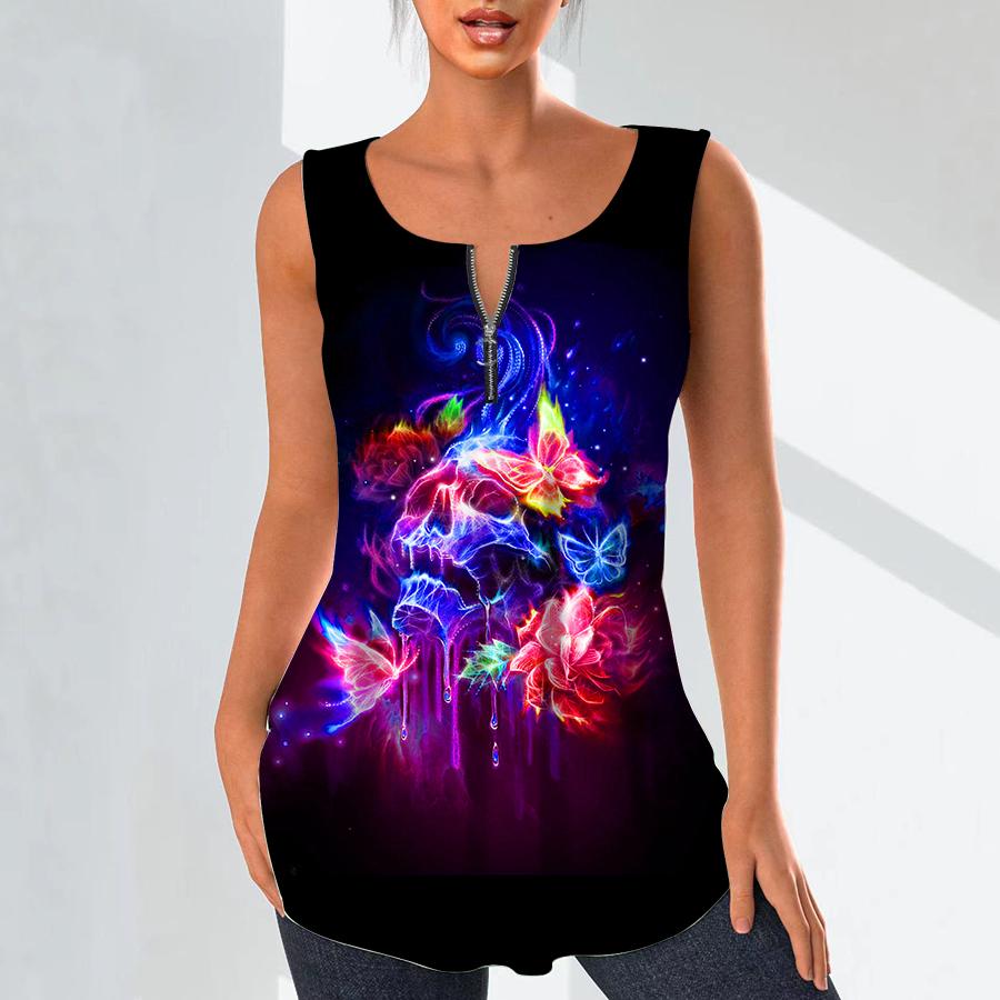 

Женские модные рубашки с v-образным вырезом, повседневные топы, футболка, женский жилет с 3D принтом черепа и роз, блузка без рукавов больших размеров, топы на бретелях 8XL темно-синий