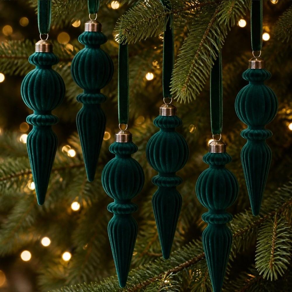6PCS Oddly Shaped Flocked Finial Christmas Ball Exquisite Long Finial Hanging Ornaments  Party Decor