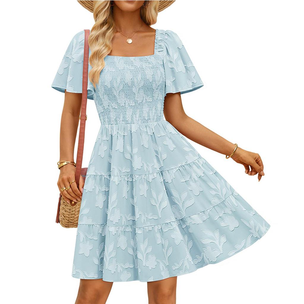 Women's Fashionable Color Square Neck Short Sleeved Casual Loose Dress