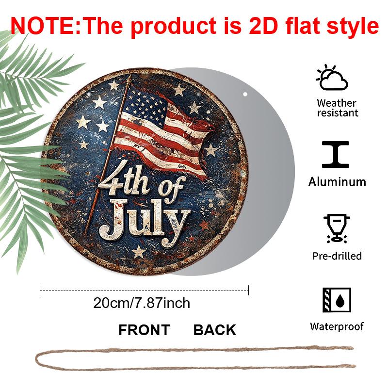 2D Flat, 1pc Round Aluminum Sign, 4th of July Vintage US Flag Design, Patriotic American Independence Day Metal Wall Art, Perfect for Home, Garage