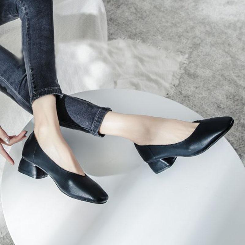 Měkká kůže Jednoduché boty Dámské Silné podpatky Jaro a Podzim Čtvercová špička Nízké podpatky Jednobarevné Měkké podrážky Nazouvací Vysoké podpatky Neunavují nohy