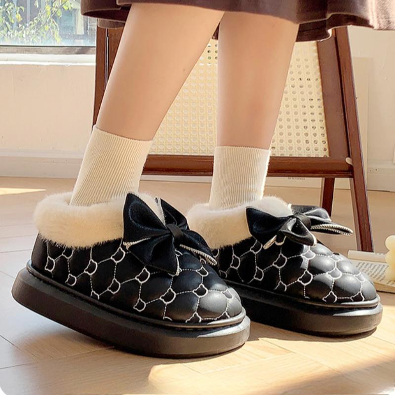 Butterfly knot cotton slippers with plush insulation for autumn and winter, thick soled anti slip cotton shoes