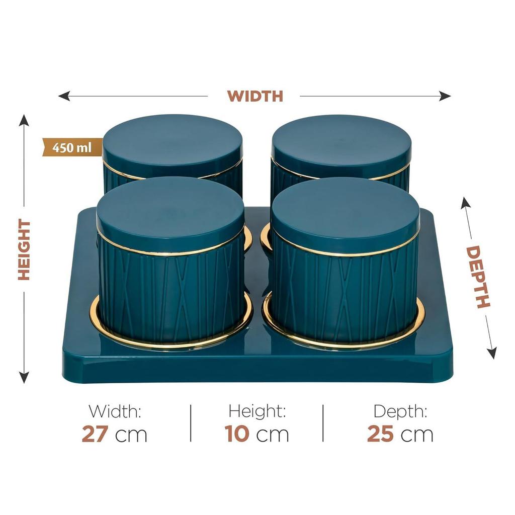 Container Tray Set -4 Pcs (450ml) -Multi-Color (Classic White, Repose Grey, Bluish Grey) Polypropylene with Subtle Gold Rim (Emerald Green)