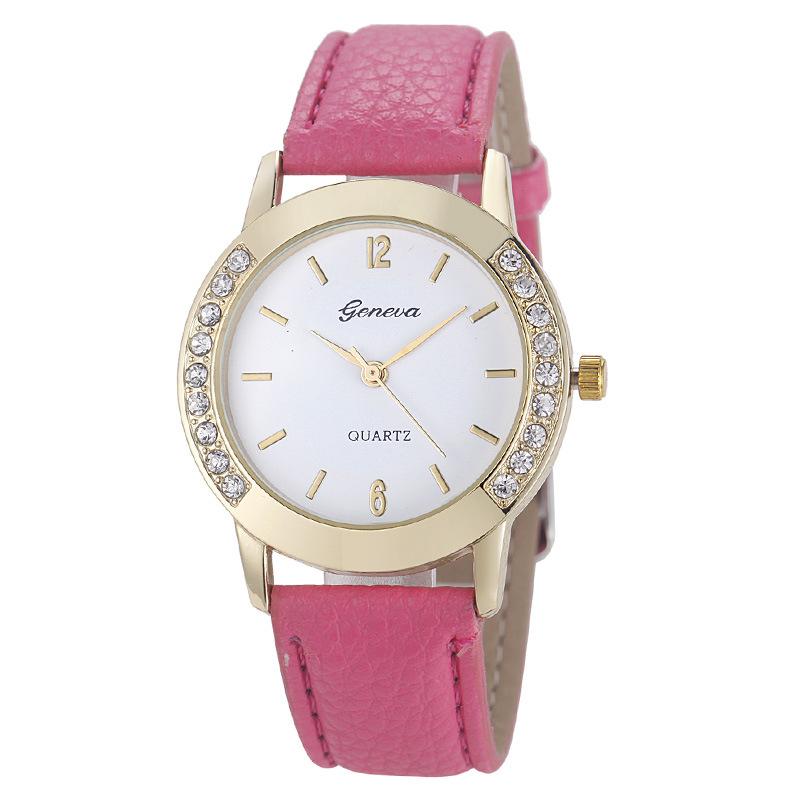 Women Fashion Double Side Diamond Watch Round Dial Quartz Clock Wristwatch with Leather Strap