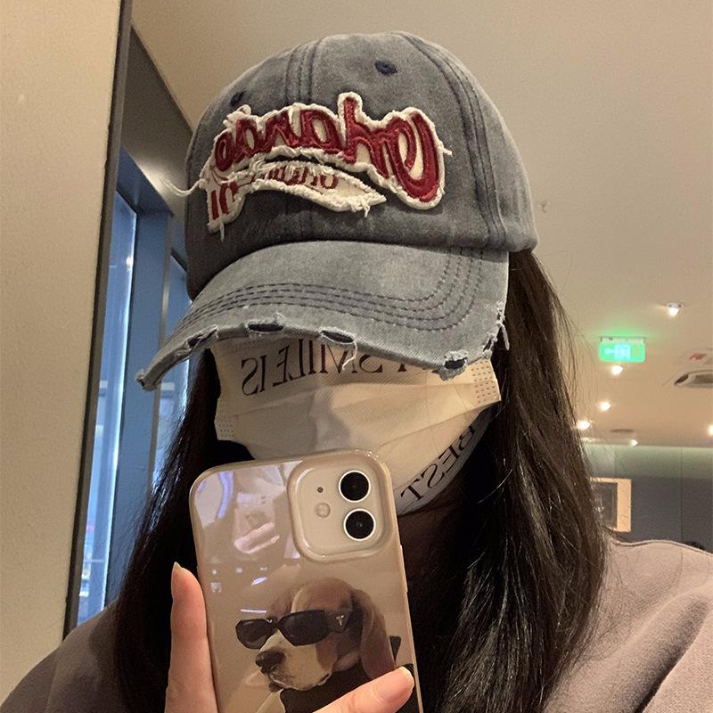 Retro Baseball Cap Women's Big Head Circumference Washed Ripped Denim Wide Brim Cap Showing Face Small Hat