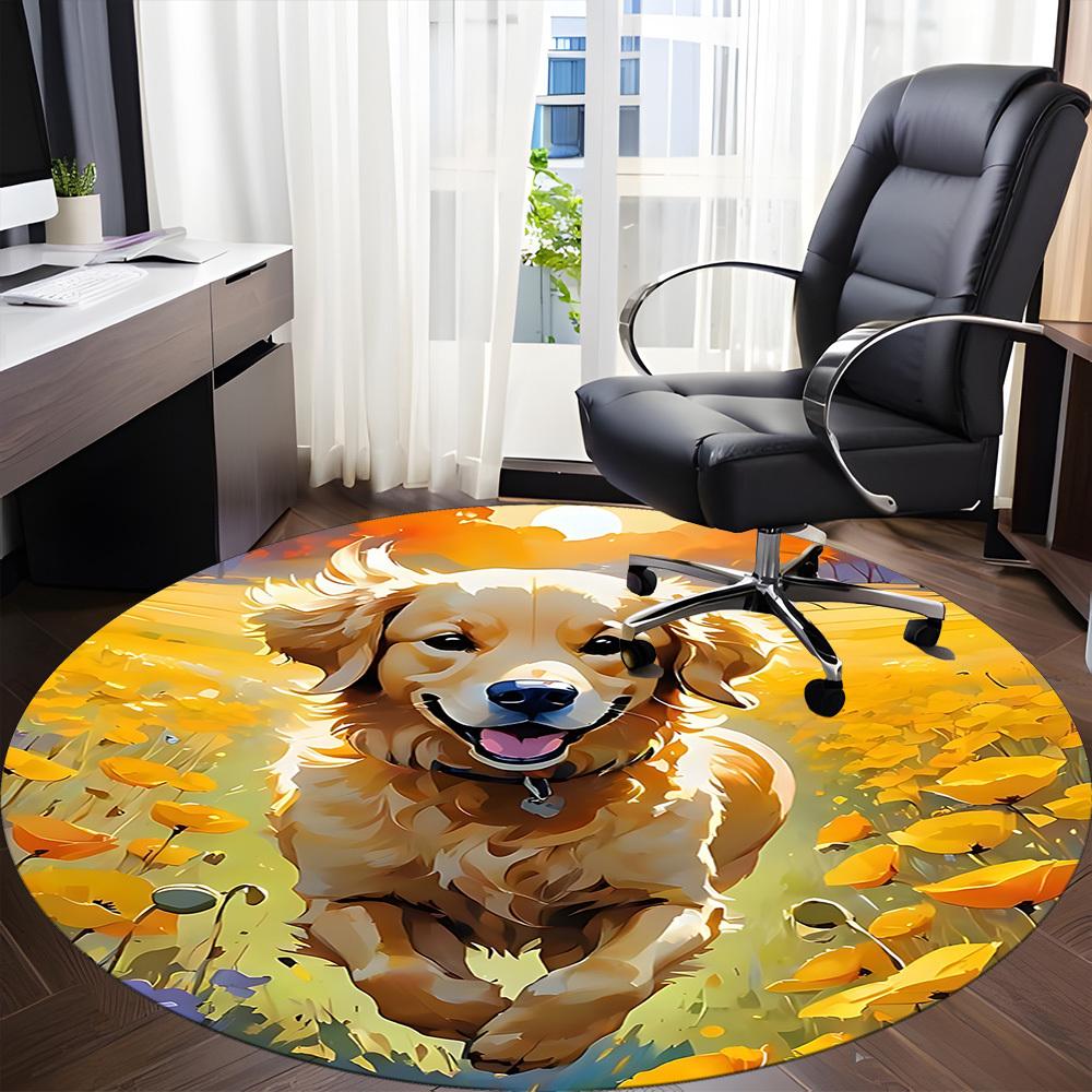 1pc Dog Golden Retriever Flowers Office Round Area Rug, Mat Suitable ForOffice, Under Office Chairs Bedroom Living Room Home Decor, Room Deco
