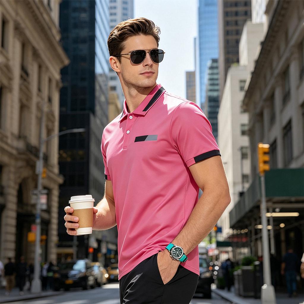 Men's Short Sleeve Polo Shirt Classic Fit Button Down Collar Pocket Design Casual Lightweight Breathable Top for Daily Wear
