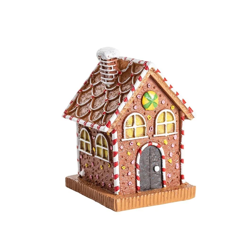 Luminous Gingerbread House Ornament LED Light Collectible Christmas Village Cottage Statue Resin Gingerbread House Figurines