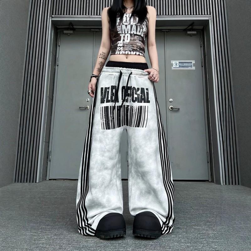 Womens Loose Wide Leg Sweatpants Distressed Double Waistband Striped Jazz Pants Casual Street Style Trousers
