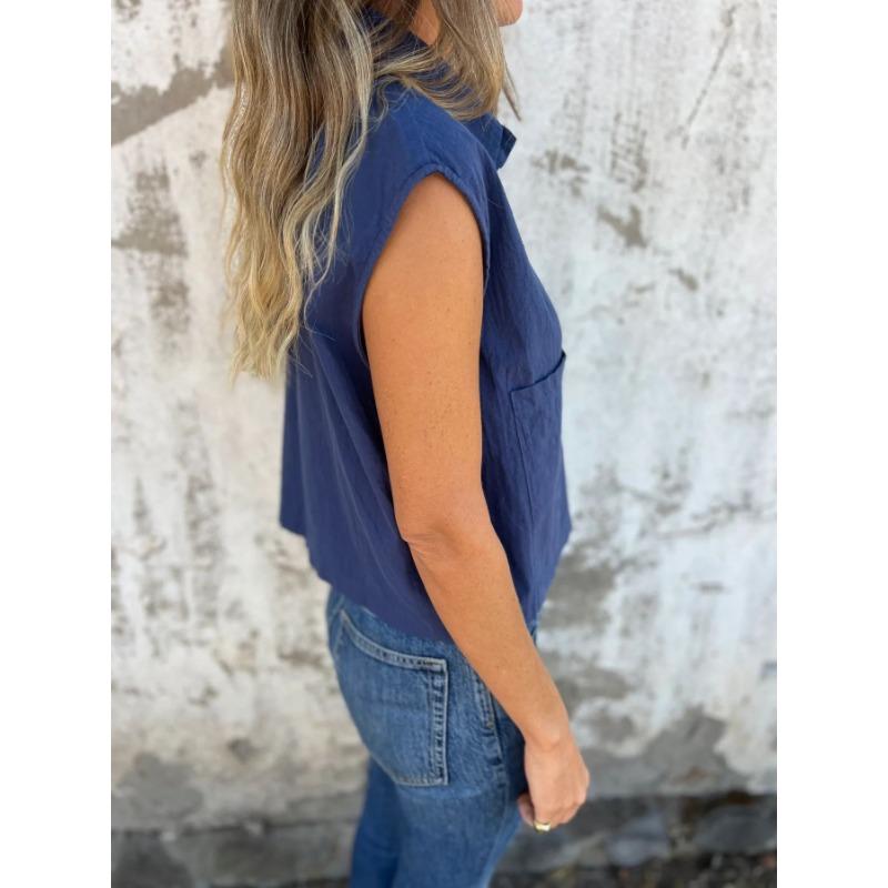 Women Summer Solid Loose Casual Short Sleeve Button Pocket Turn Down Collar Shirt