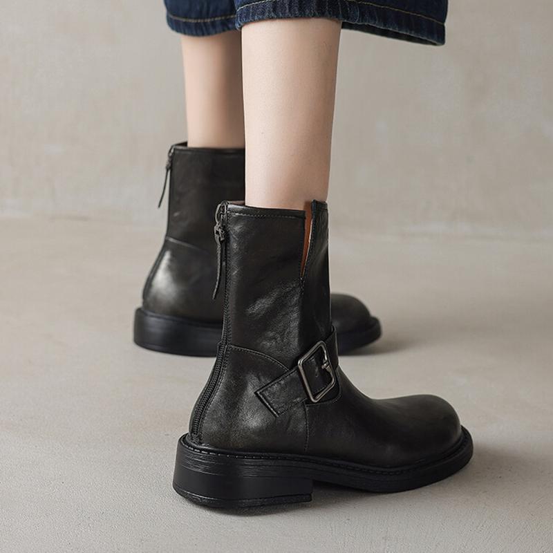 Fashion NEW Autumn Women Boots Split Leather Shoes for Women Round Toe Chunky Heel Shoes Zipper Short Boots Casual Buckle Western Boots