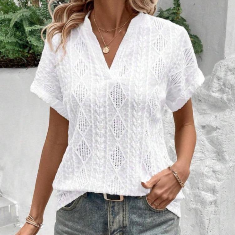 Summer V Neck Loose Women Shirt Casual Short Sleeve Hollow Jacquard Top