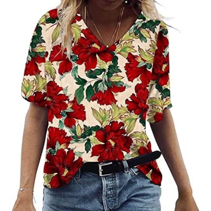 Summer V-neck 3D Feather Flower Printed Top Fashionable Casual Short Sleeved Women's T-shirts