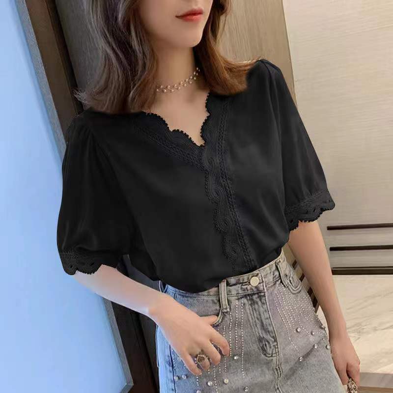 Summer Internet Celebrity New Fashion Design Niche Lace Chiffon Temperament V-neck Loose Super Fairy Top for Women