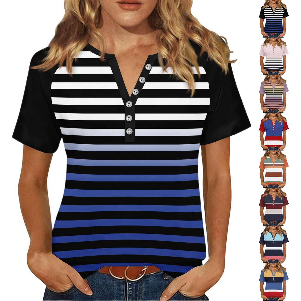 Women's Fashionable Casual V-neck Button-down Striped Print Short-sleeved Top For Summer