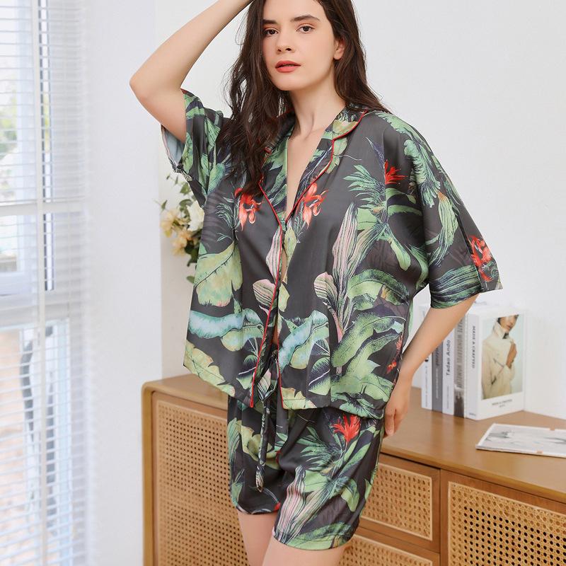 Pajamas women's summer 1011 new ice silk short-sleeved shorts two-piece set Internet celebrity high-end printed loungewear