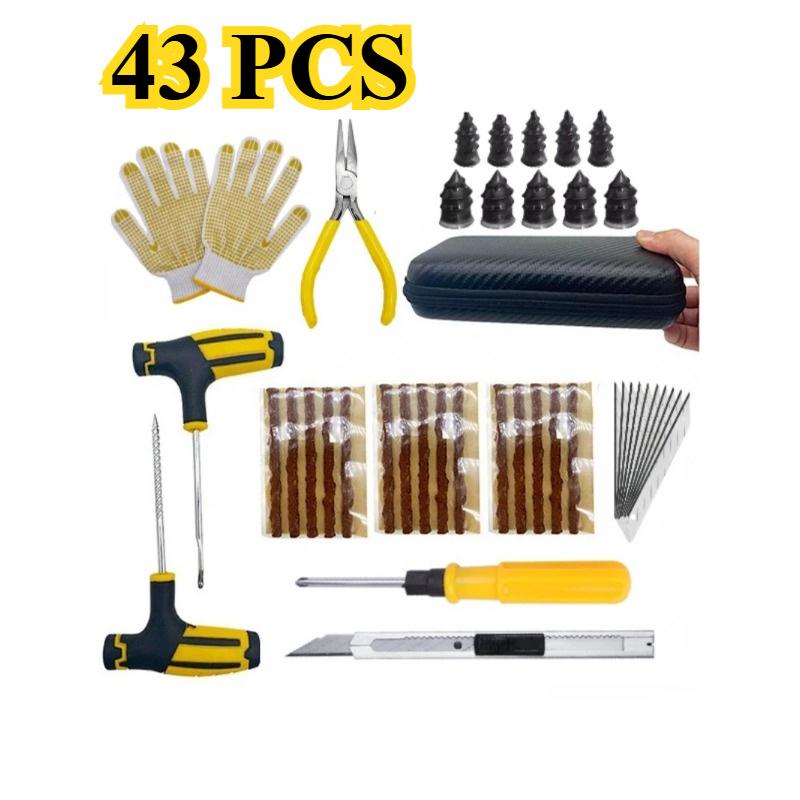 Multipurpose Tire Repair Kit with Rubber Strips Tools Pliers Pressure Gauge for Car, Bike, Motorcycle. Handles Most Tire Damage