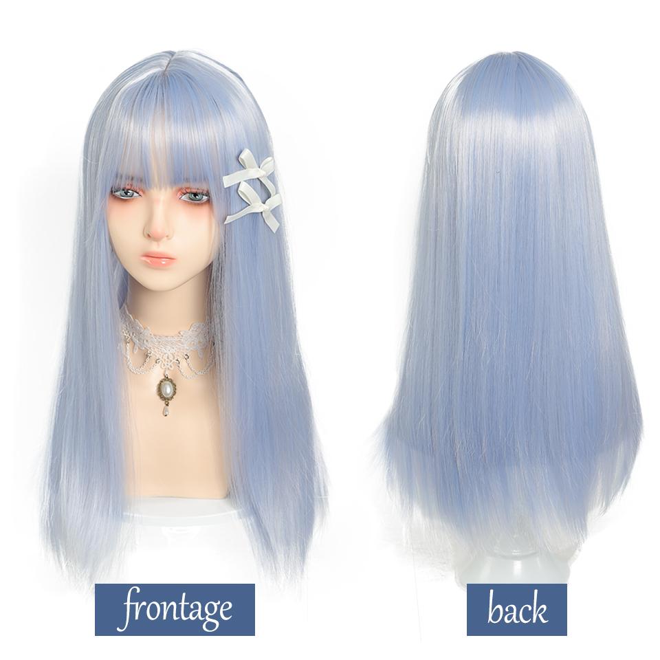 Graublaue, lange, glatte Kunsthaarperücke für Damen, Lolita-Perücke mit glattem Pony, graublau, flauschig, lange, glatte Perücke