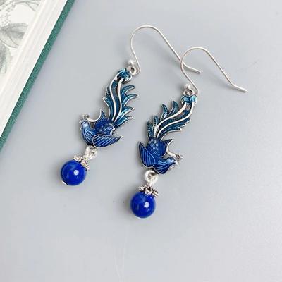 Kadınlar için Mavi Mine Anka Kuşu Püsküllü Küpeler Kadın Çin Tarzı Abartılı Lapis Lazuli Küpeler Ziyafet Takıları