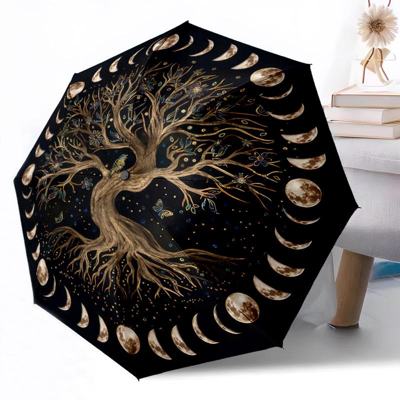 Goldener Baum des Lebens Automatischer Outdoor-Regenschirm Einziebares Design mit 8 Rippen Langlebig Leicht Perfektes Geschenk für Freunde Familie