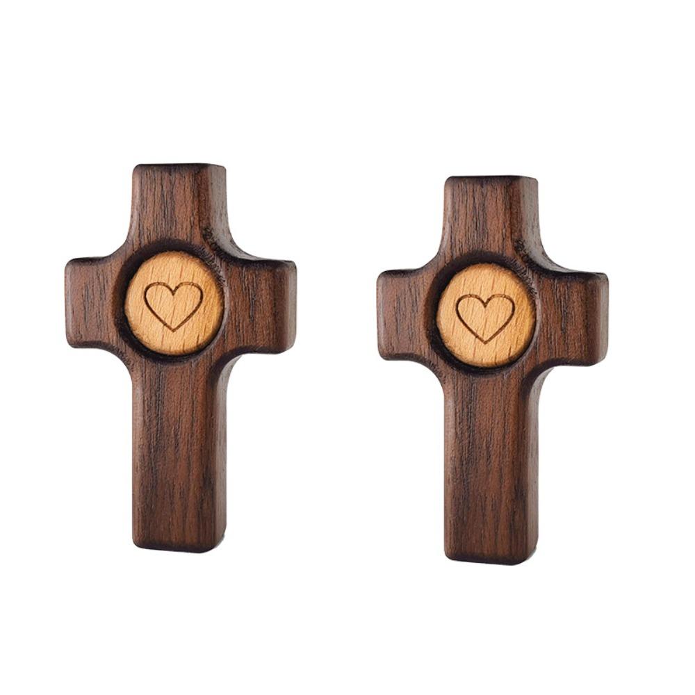 2 Piece Black Walnut Handheld Wooden Cross Heart Pattern Cross Ornament  Church 2pcs