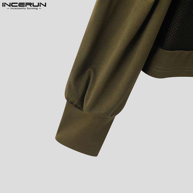 INCERUN Herren T-Shirt mit Stehkragen und Puffärmeln, Mesh, durchsichtig, Patchwork