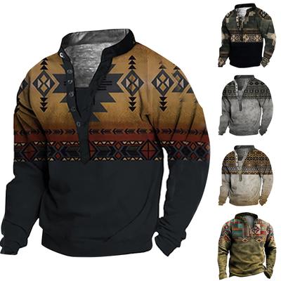 V-neck Sweater Men's 3d Digital Printing Stand Collar 6 Button Vintage Collar
