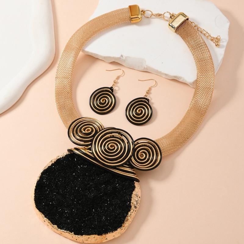 Gorgeous geometric crystal raw stone pendant choker necklace & earring set for women