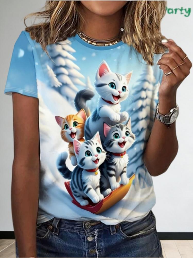 Funny Cat Pattern Women s T-Shirts Cute Animal 3D Printed Short Sleeves Summer Oversized O-Neck Tops Tees Street Women Clothing S