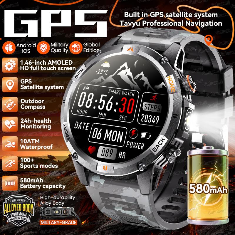 2026 New Adult Outdoor GPS Sport Smart Watch Altimeter Barometer 10ATM Waterproof 580mAh Battery Bluetooth Call Men AMOLED Smartwatch