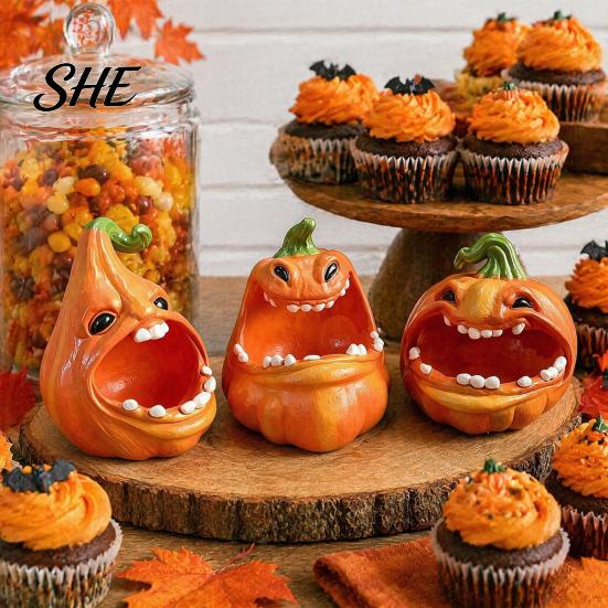 Halloween Party Ornament Big Mouth Pumpkin Storage Box, Figurine Resin Jewelry Tray, Bowl Trinket Keys Candy Holder for Home Office Desk Decor
