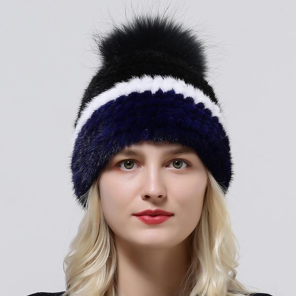 

Winter Pompom Fur Hat Women Striped Knitted Warm Hats Young Ladies Skull Cap One Size