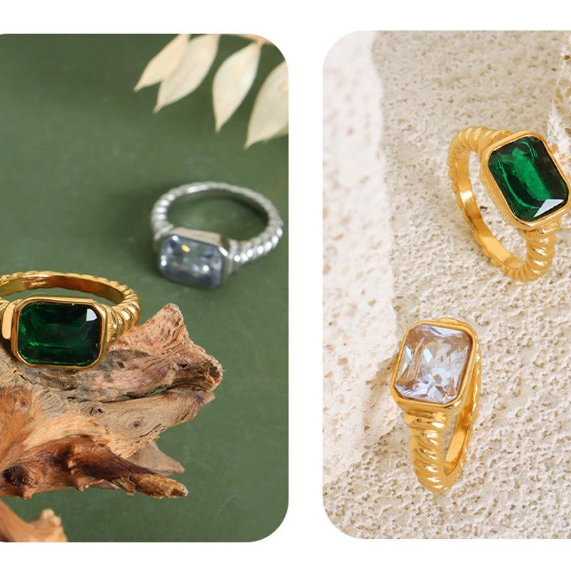 18K Gold Plated Square Multi-color Crystal Chunky Rings Stainless Steel Hypoallergenic Texture CZ Zircon Knuckle Ring Anillos
